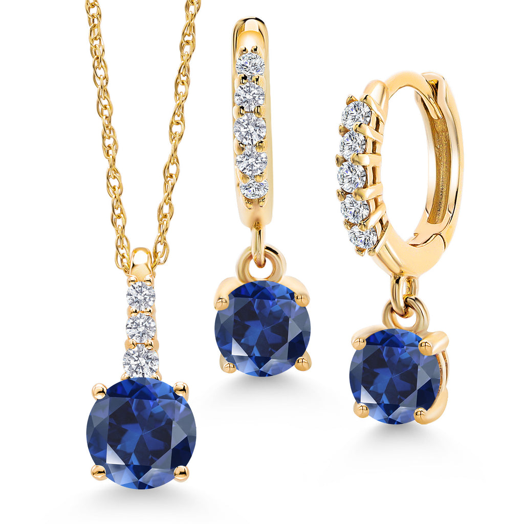 Blue Created Sapphire - September_Pendant Earrings Set in 10K Yellow Gold