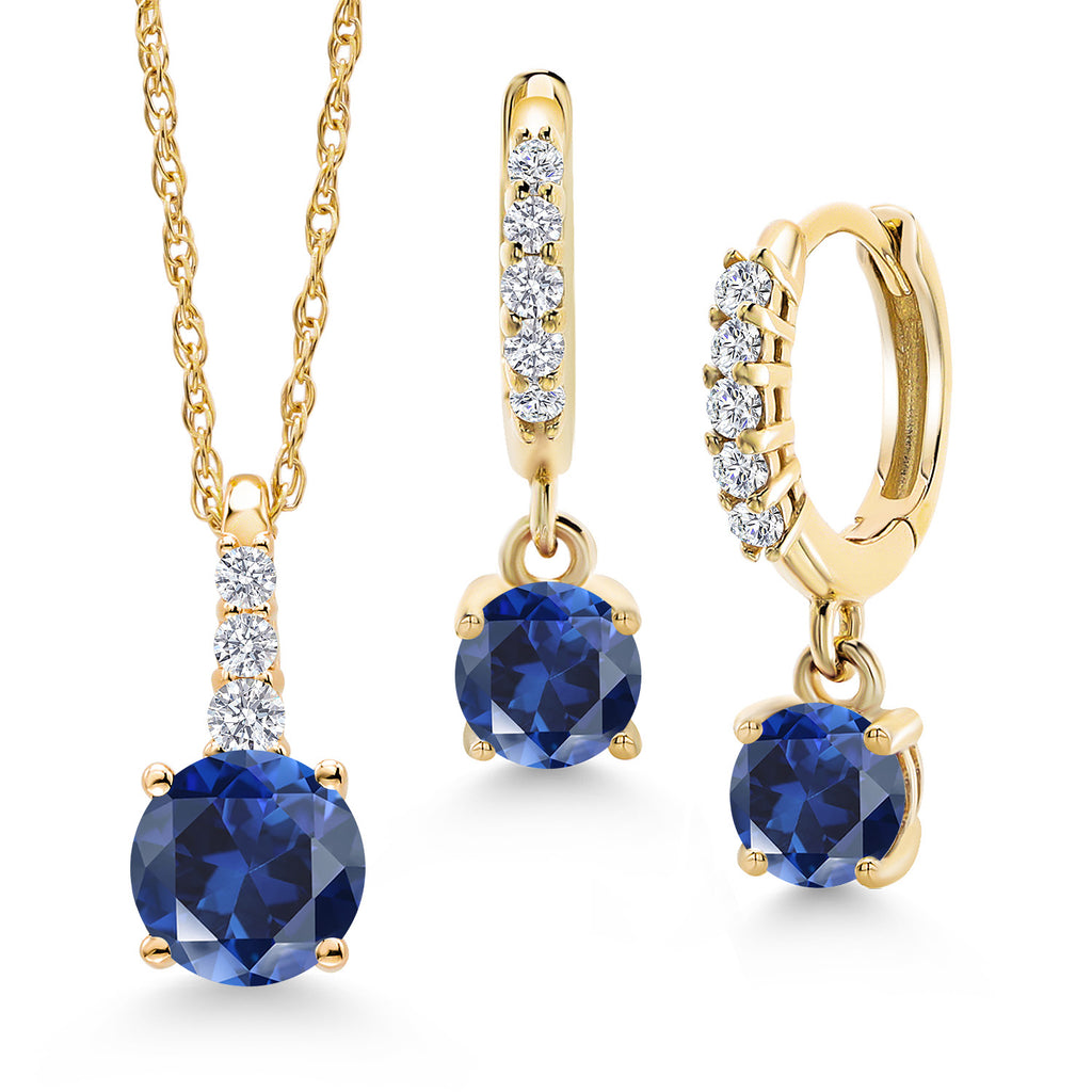 Blue Created Sapphire - September_Pendant Earrings Set in 10K Yellow Gold