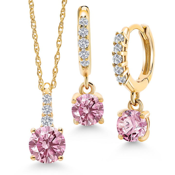 Pink Lab Grown Diamond - April_Pendant Earrings Set in 10K Yellow Gold