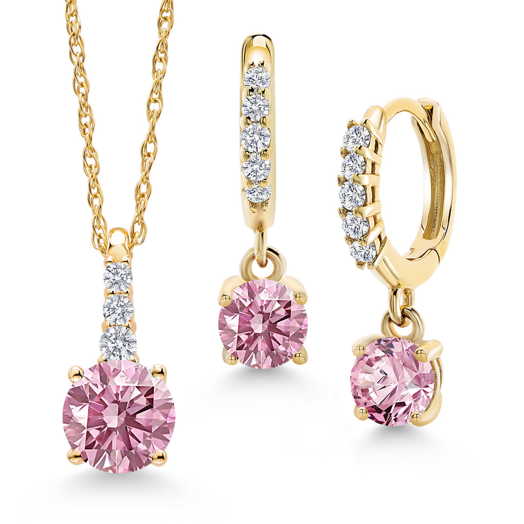 Pink Lab Grown Diamond - April_Pendant Earrings Set in 10K Yellow Gold