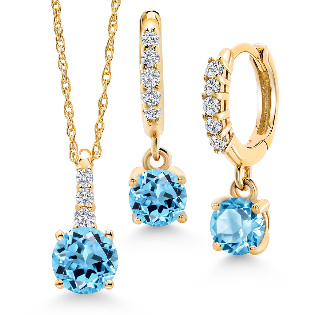 10K Yellow Gold Gemstone Birthstone and Lab Grown Diamond Pendant and Earrings Jewelry Set for Women | Round 5MM and 4MM | With 18 Inch Chain | Fine Jewelry for Her Mom Wife