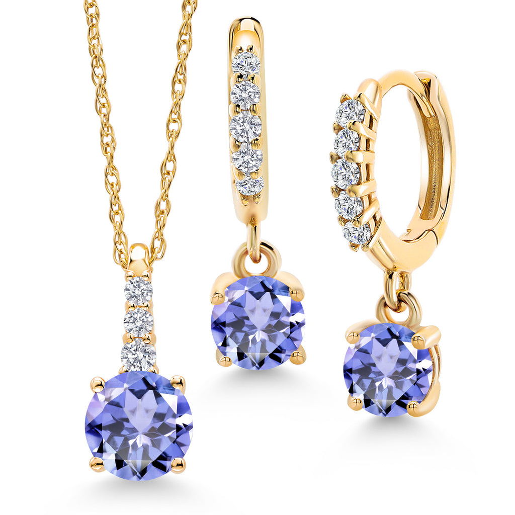 10K Yellow Gold Gemstone Birthstone and Lab Grown Diamond Pendant and Earrings Jewelry Set for Women | Round 5MM and 4MM | With 18 Inch Chain | Fine Jewelry for Her Mom Wife