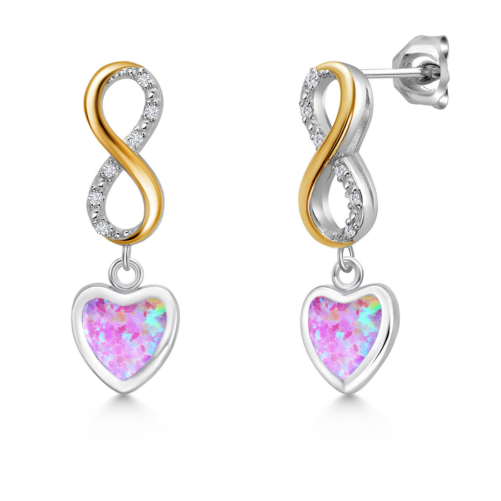 Pink Simulated Opal - October_Earrings in 925 Sterling Silver and 10K Yellow Gold