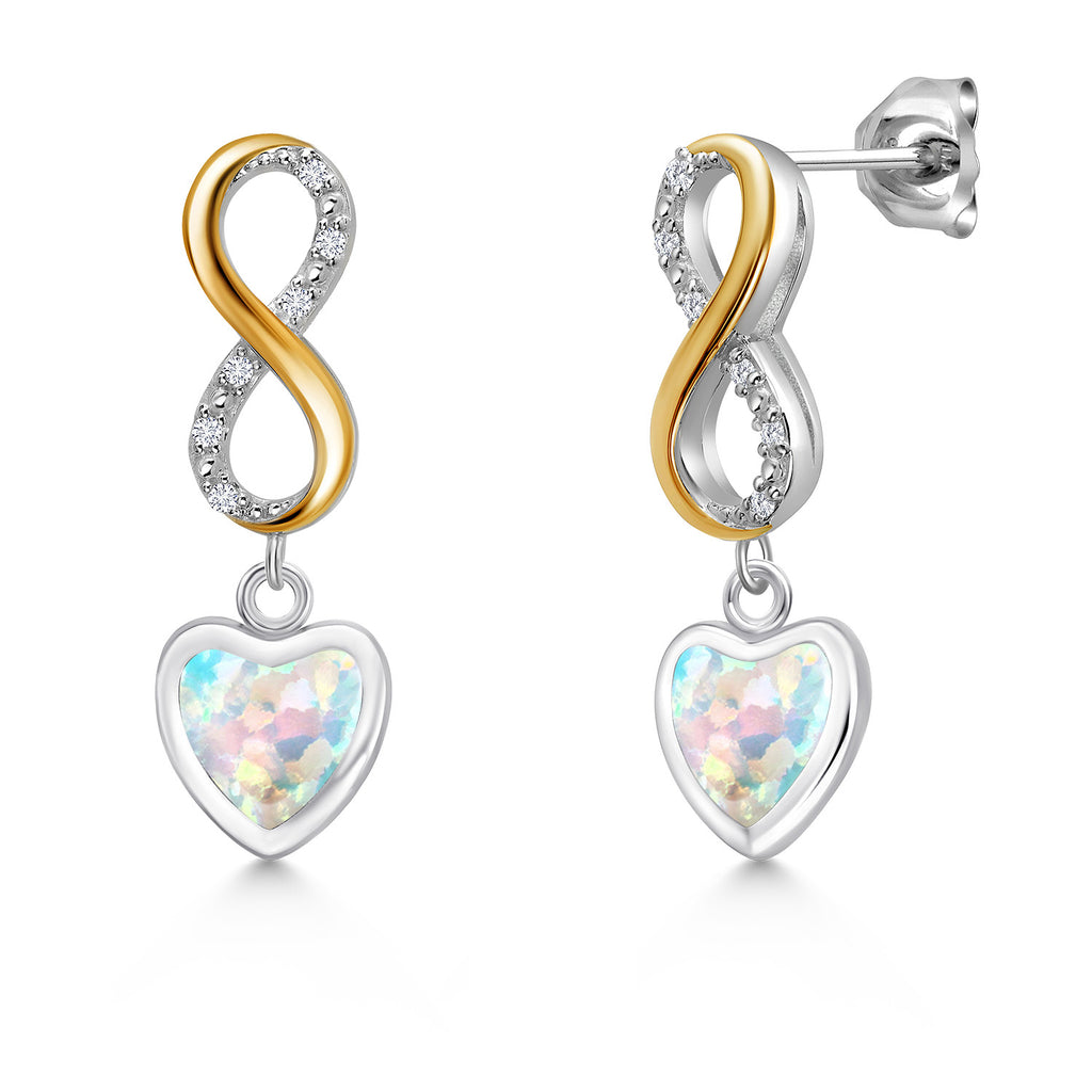 White Simulated Opal - October_Earrings in 925 Sterling Silver and 10K Yellow Gold