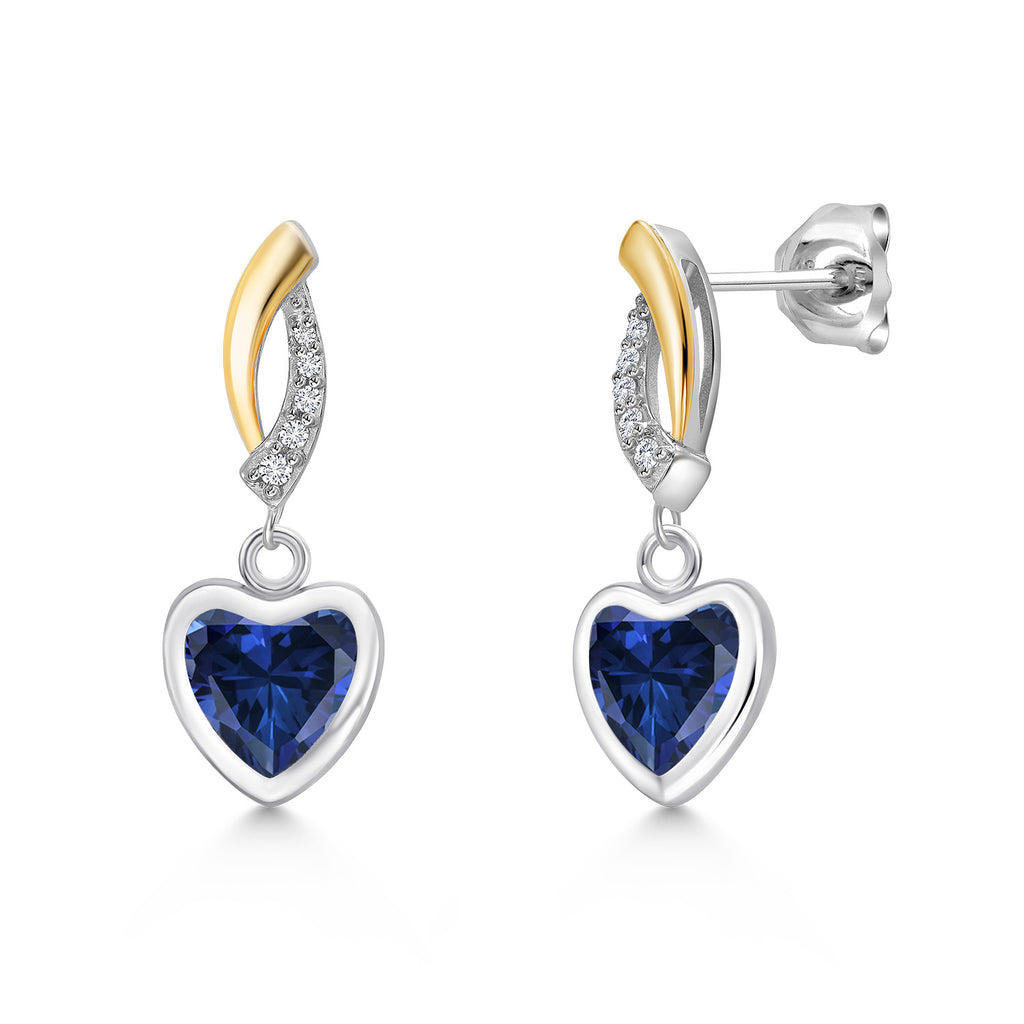 Blue Created Sapphire - September_Earrings in 925 Sterling Silver and 10K Yellow Gold