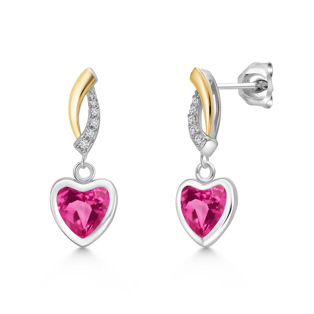 Pink Created Sapphire - September_Earrings in 925 Sterling Silver and 10K Yellow Gold