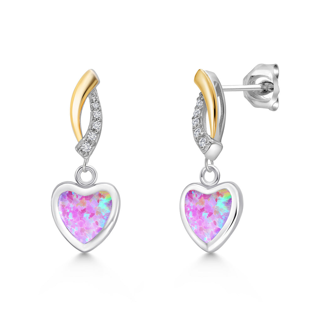 Pink Simulated Opal - October_Earrings in 925 Sterling Silver and 10K Yellow Gold