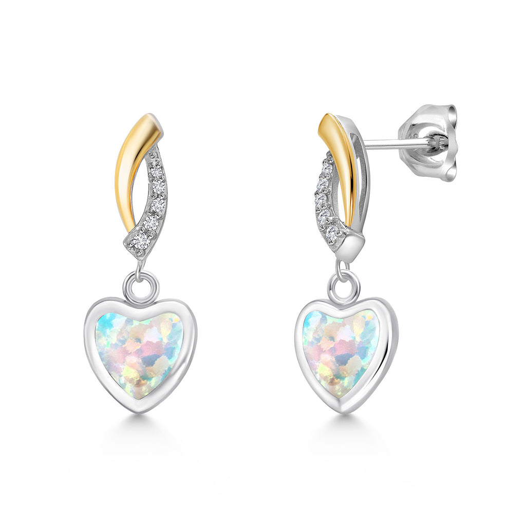 White Simulated Opal - October_Earrings in 925 Sterling Silver and 10K Yellow Gold