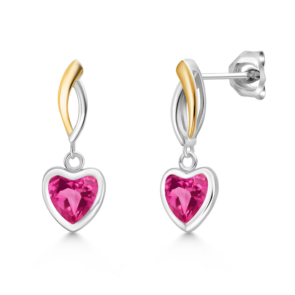 Pink Created Sapphire - September_Earrings in 925 Sterling Silver and 10K Yellow Gold