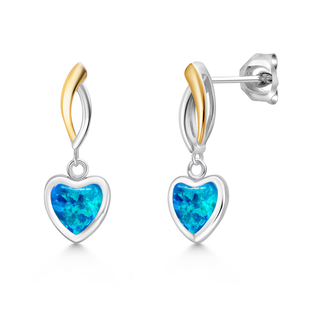 Blue Simulated Opal - October_Earrings in 925 Sterling Silver and 10K Yellow Gold