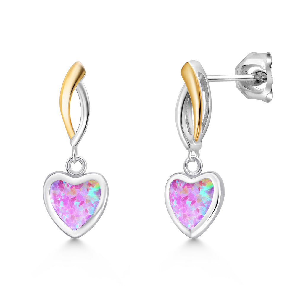 Pink Simulated Opal - October_Earrings in 925 Sterling Silver and 10K Yellow Gold