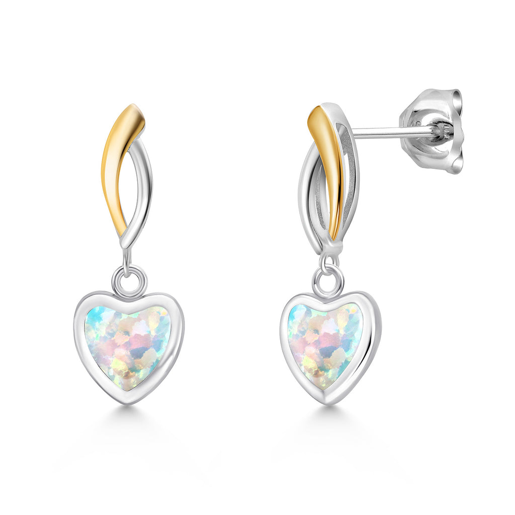 White Simulated Opal - October_Earrings in 925 Sterling Silver and 10K Yellow Gold