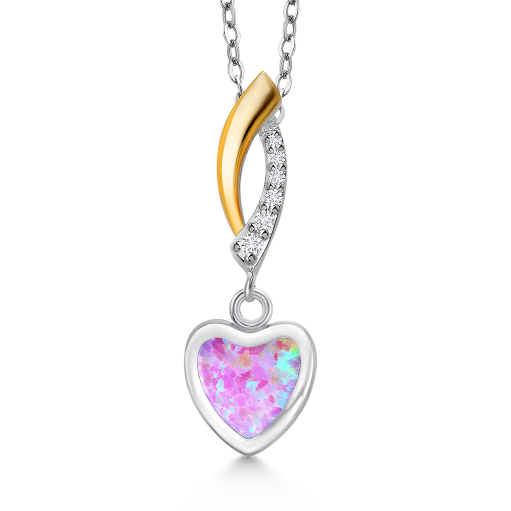 Pink Simulated Opal - October_Pendant in 925 Sterling Silver and 10K Yellow Gold