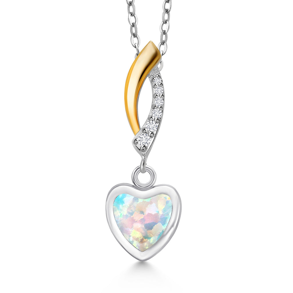 White Simulated Opal - October_Pendant in 925 Sterling Silver and 10K Yellow Gold