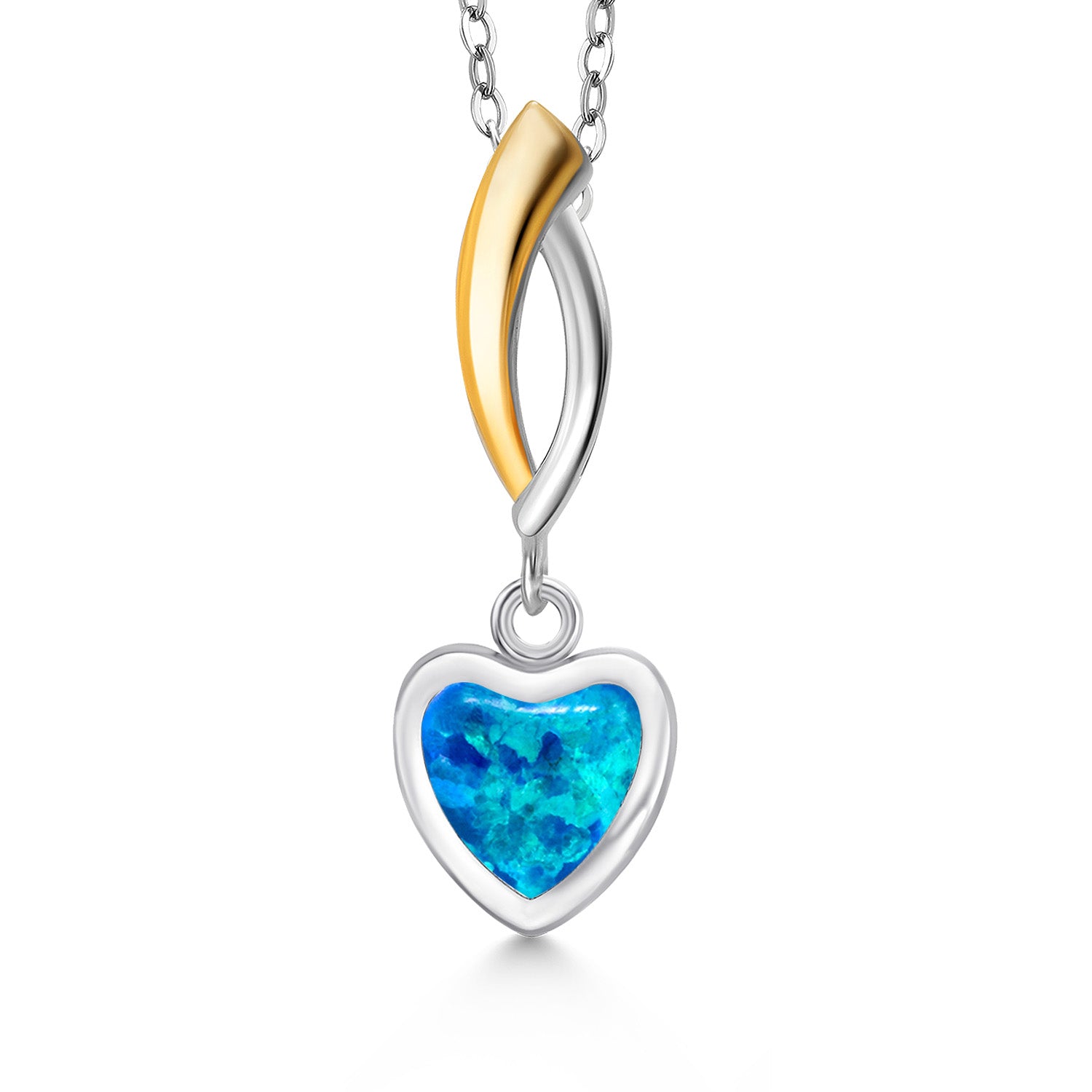 Blue Simulated Opal - October_Pendant in 925 Sterling Silver and 10K Yellow Gold