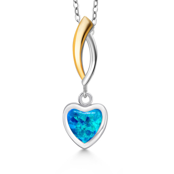 Blue Simulated Opal - October_Pendant in 925 Sterling Silver and 10K Yellow Gold