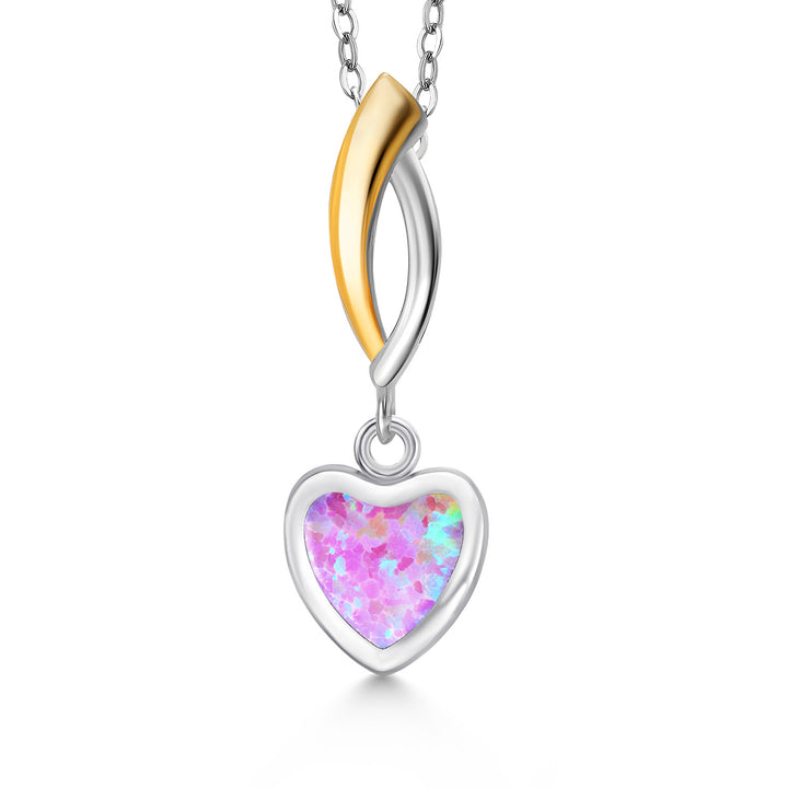 Pink Simulated Opal - October_Pendant in 925 Sterling Silver and 10K Yellow Gold