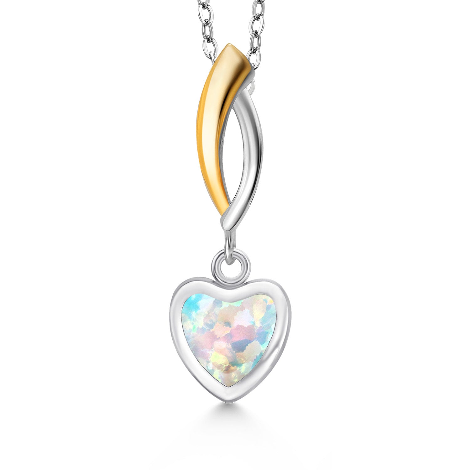 White Simulated Opal - October_Pendant in 925 Sterling Silver and 10K Yellow Gold