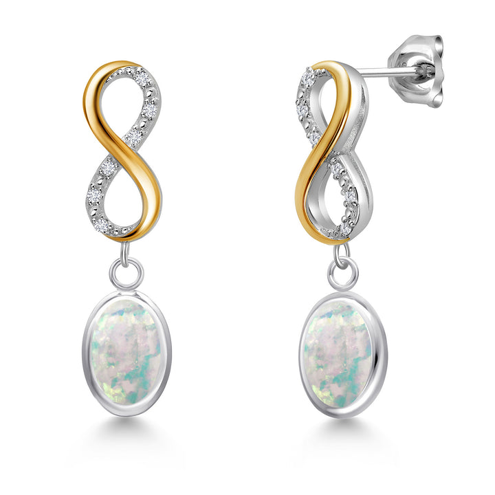 White Simulated Opal-Cabochon - October_Earrings in 925 Sterling Silver and 10K Yellow Gold