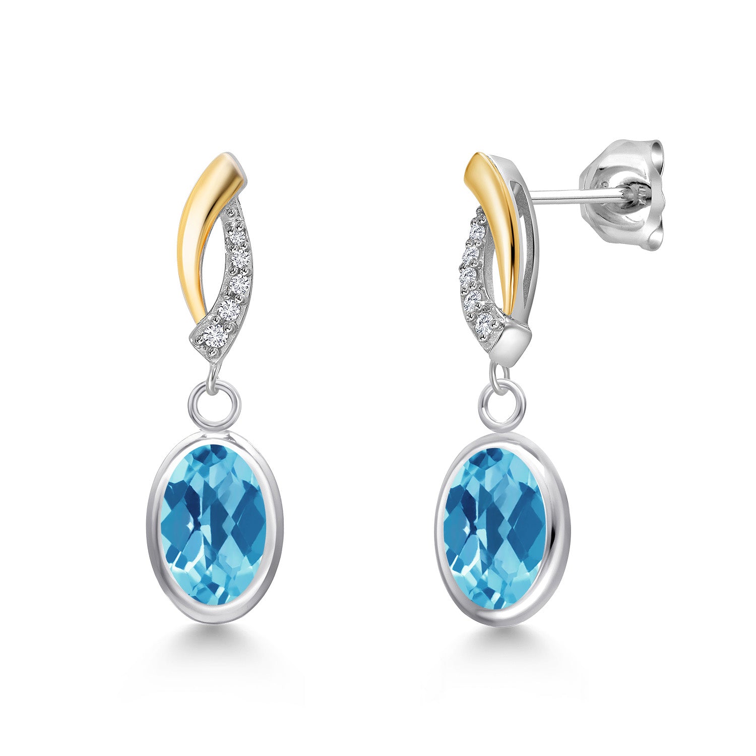 Swiss Blue Topaz-Checkerboard - November_Earrings in 925 Sterling Silver and 10K Yellow Gold