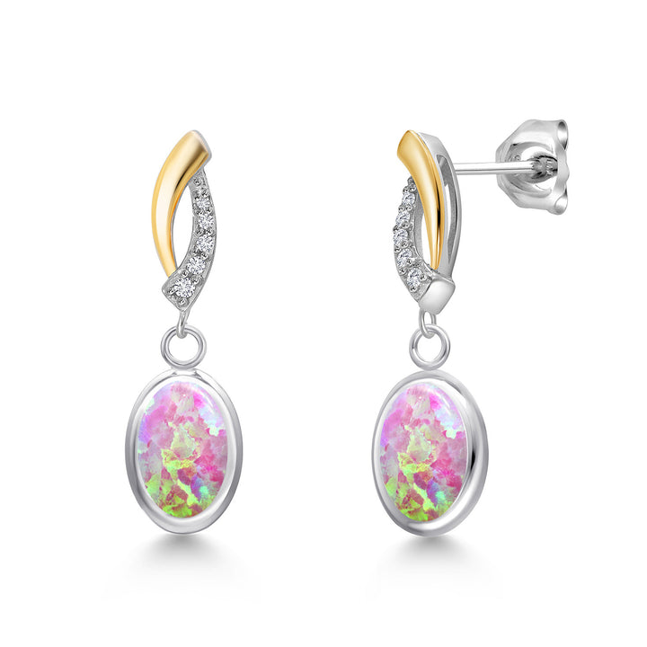Pink Simulated Opal-Cabochon - October_Earrings in 925 Sterling Silver and 10K Yellow Gold