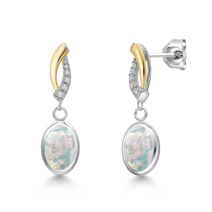 White Simulated Opal-Cabochon - October_Earrings in 925 Sterling Silver and 10K Yellow Gold