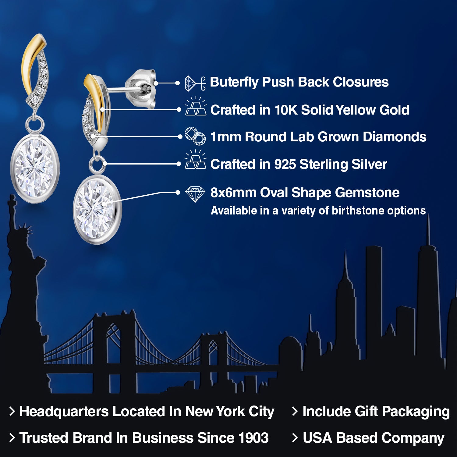 Near Colorless (GH) and E - F_Earrings in 925 Sterling Silver and 10K Yellow Gold