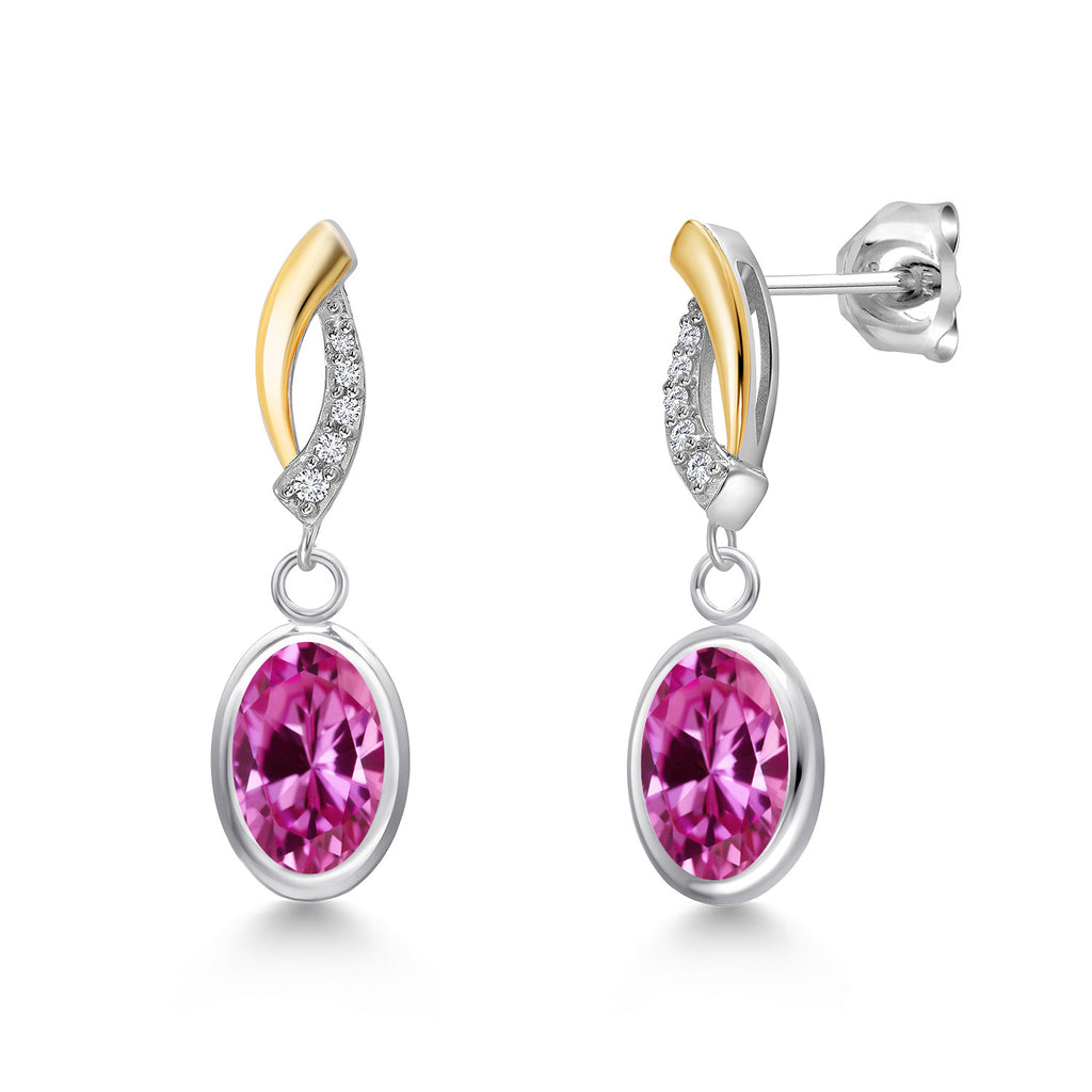 Pink Created Sapphire - September_Earrings in 925 Sterling Silver and 10K Yellow Gold