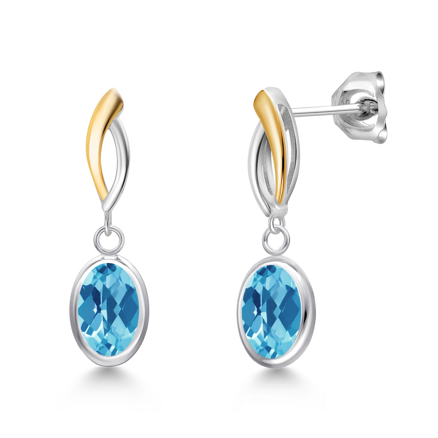 Swiss Blue Topaz-Checkerboard - November_Earrings in 925 Sterling Silver and 10K Yellow Gold