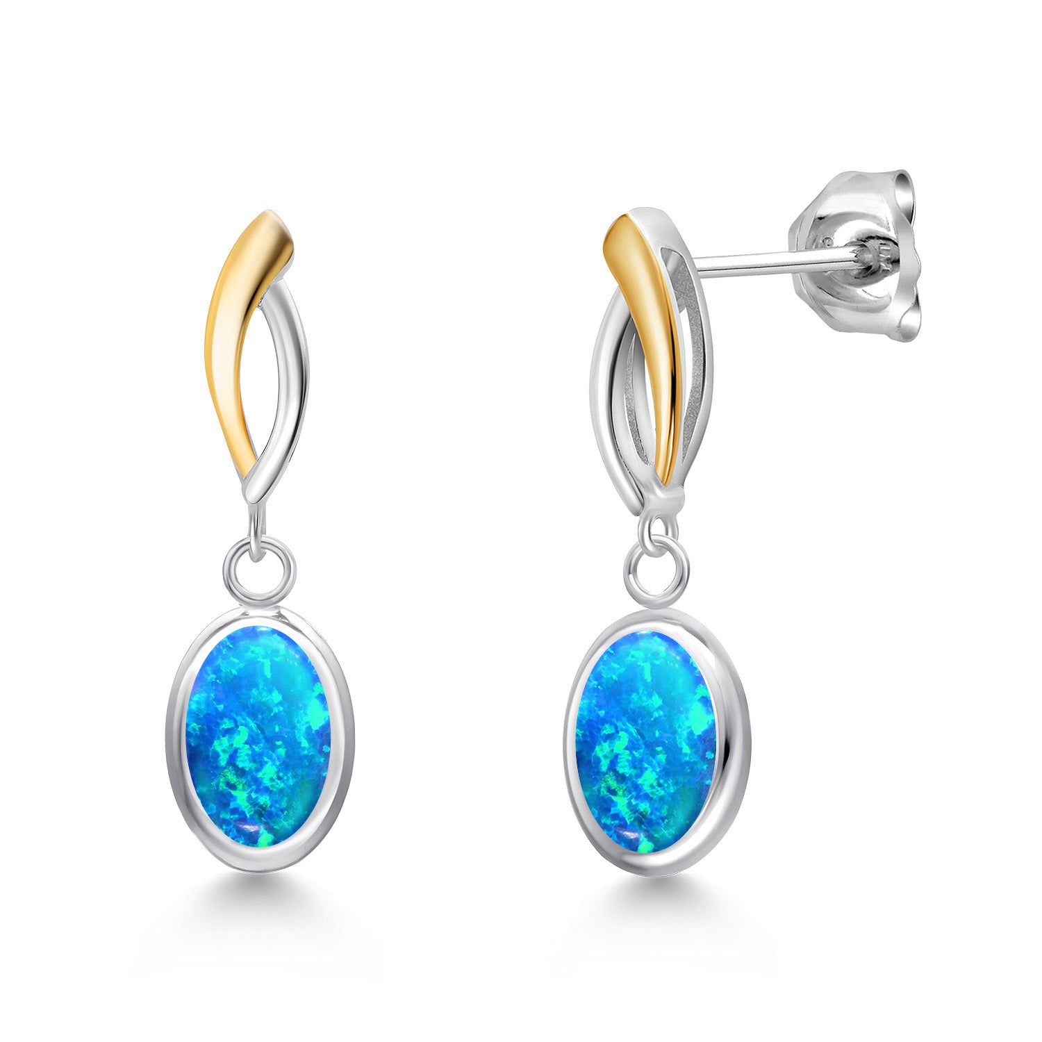 Blue Simulated Opal-Cabochon - October_Earrings in 925 Sterling Silver and 10K Yellow Gold