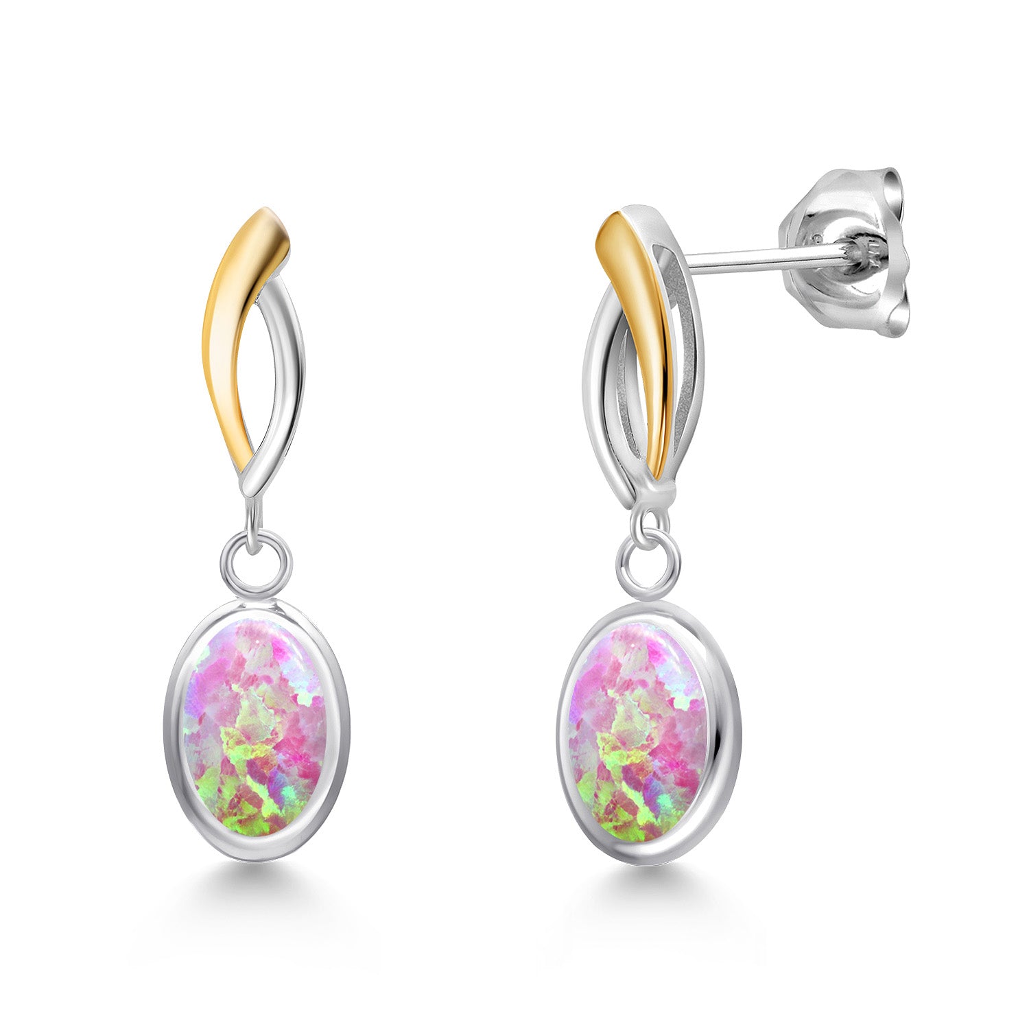 Pink Simulated Opal-Cabochon - October_Earrings in 925 Sterling Silver and 10K Yellow Gold