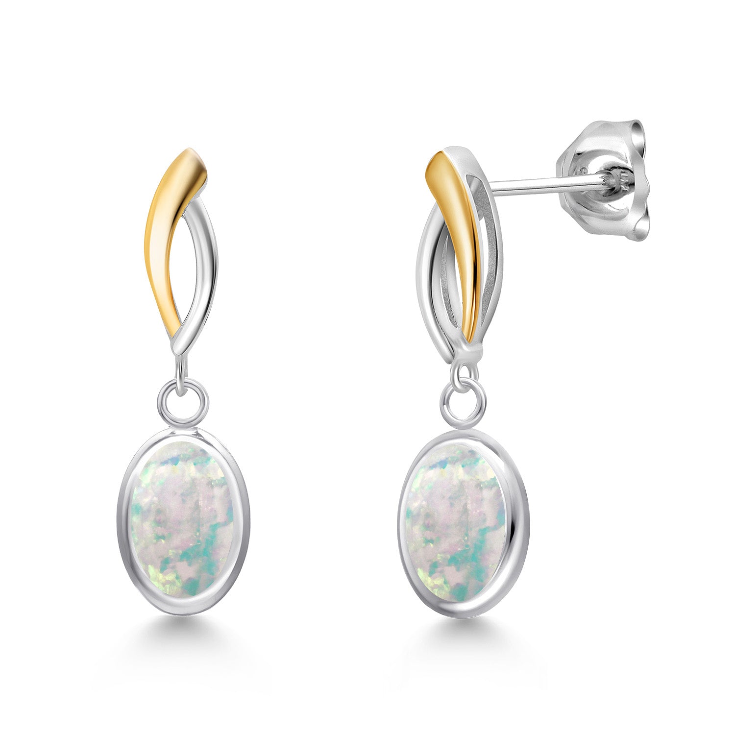 White Simulated Opal-Cabochon - October_Earrings in 925 Sterling Silver and 10K Yellow Gold