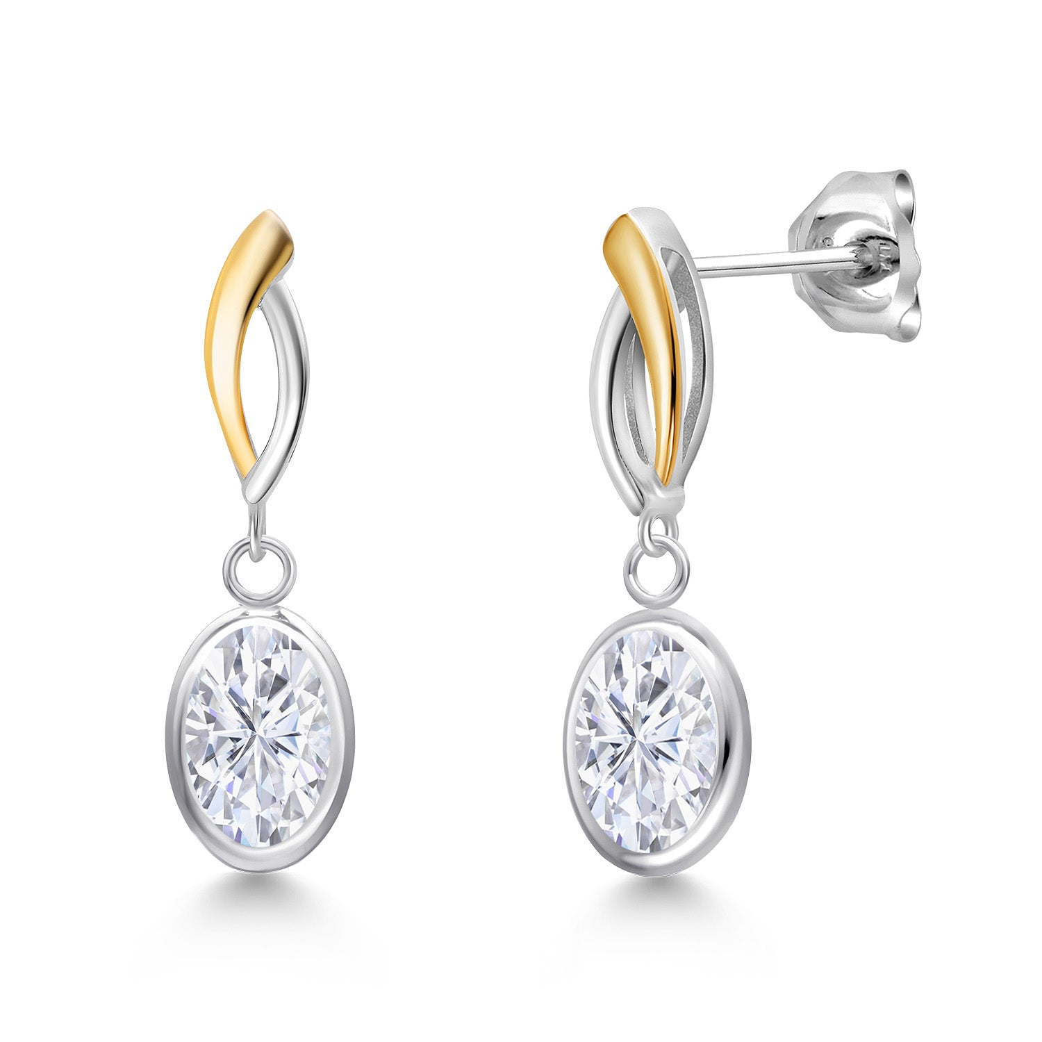 White Moissanite - April_Earrings in 925 Sterling Silver and 10K Yellow Gold