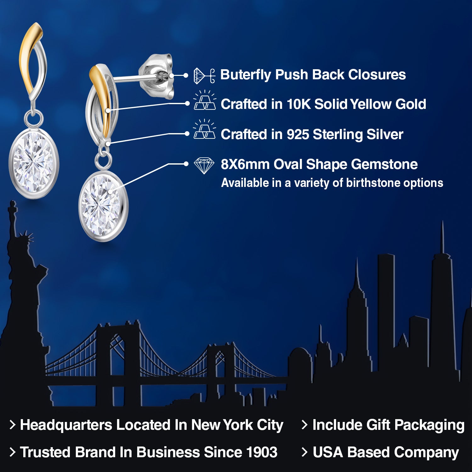 Near Colorless (GH)_Earrings in 925 Sterling Silver and 10K Yellow Gold