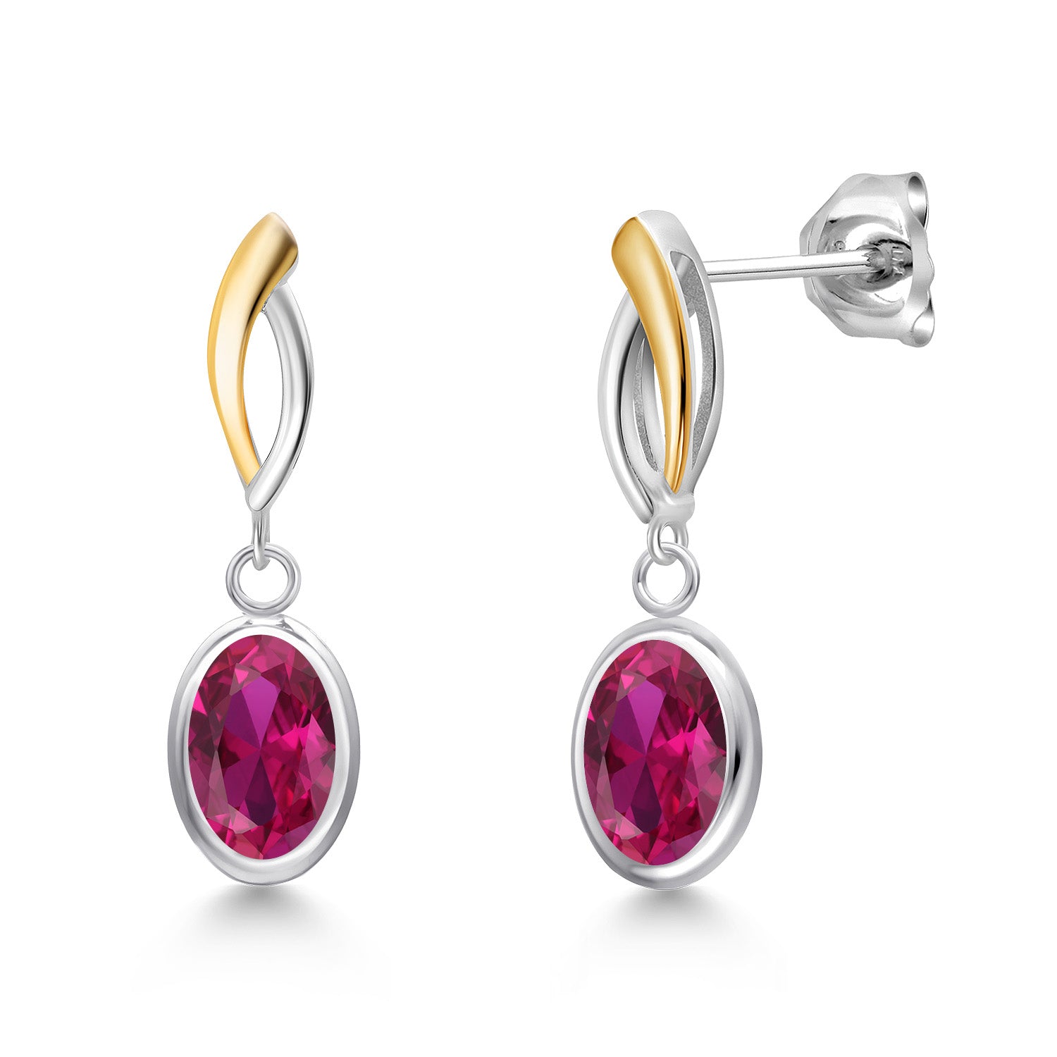 Created Ruby - July_Earrings in 925 Sterling Silver and 10K Yellow Gold