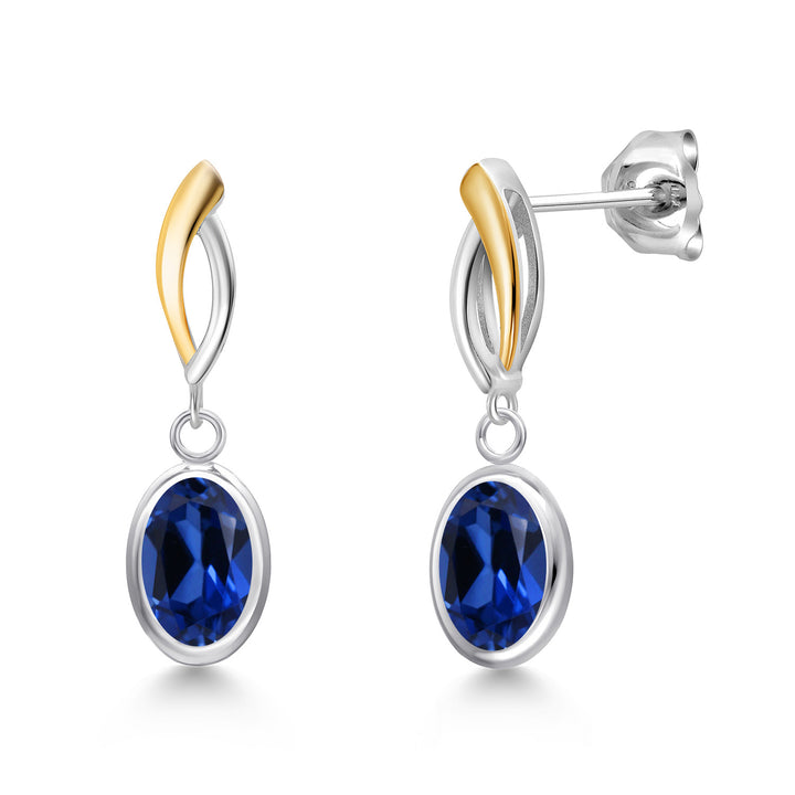 Blue Created Sapphire - September_Earrings in 925 Sterling Silver and 10K Yellow Gold