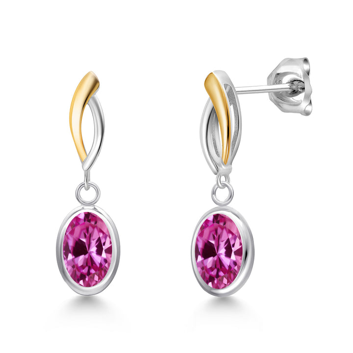 Pink Created Sapphire - September_Earrings in 925 Sterling Silver and 10K Yellow Gold