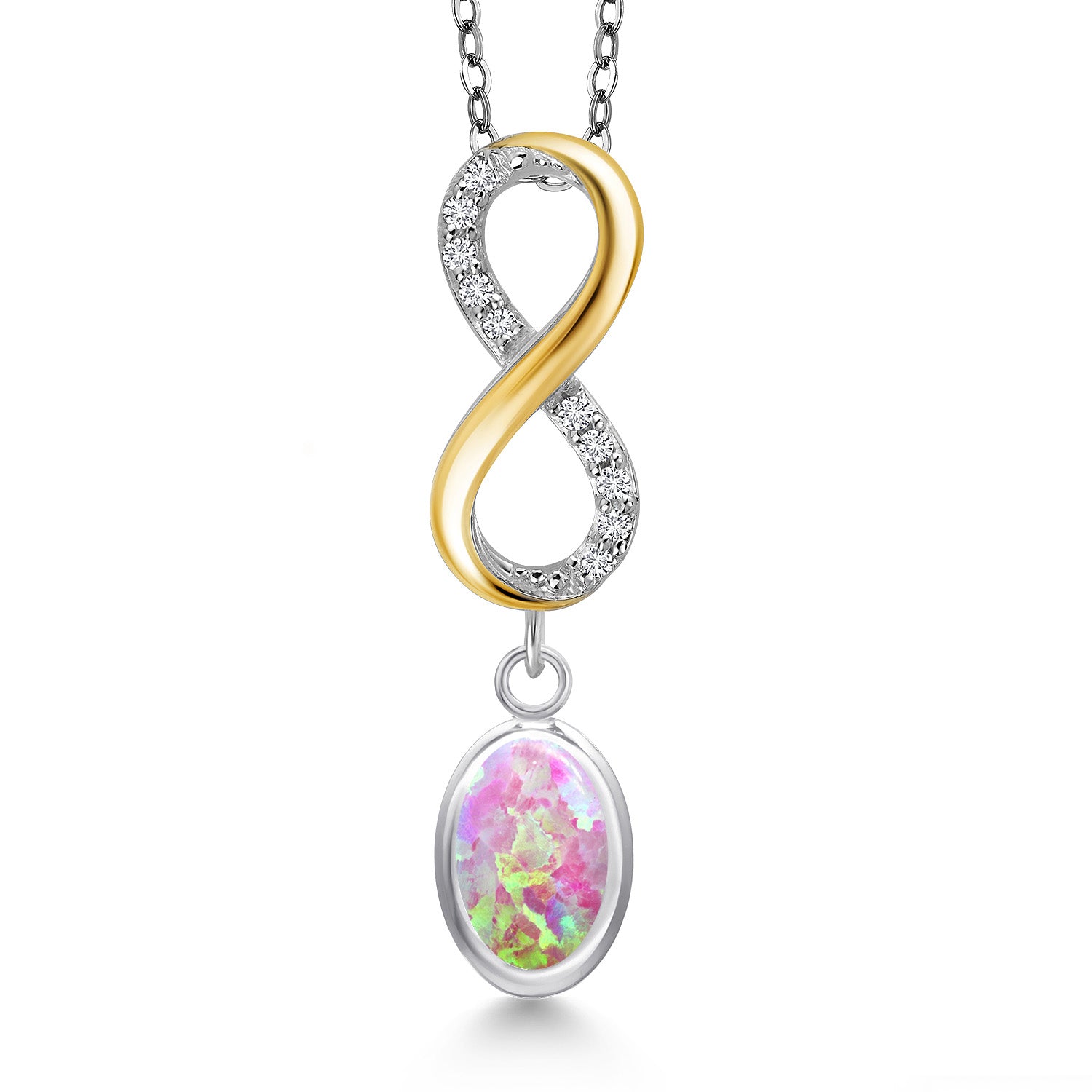Pink Simulated Opal-Cabochon - October_Pendant in 925 Sterling Silver and 10K Yellow Gold