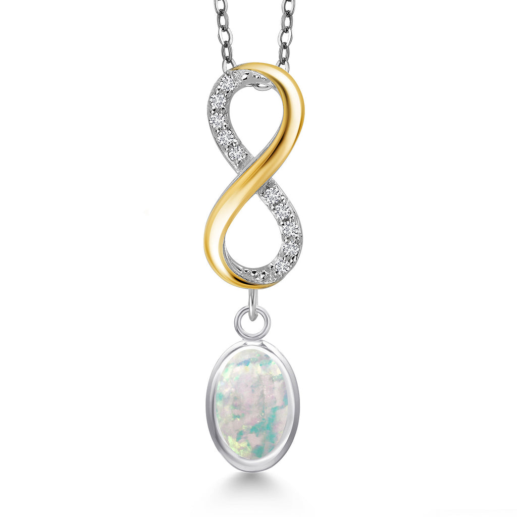 White Simulated Opal-Cabochon - October_Pendant in 925 Sterling Silver and 10K Yellow Gold