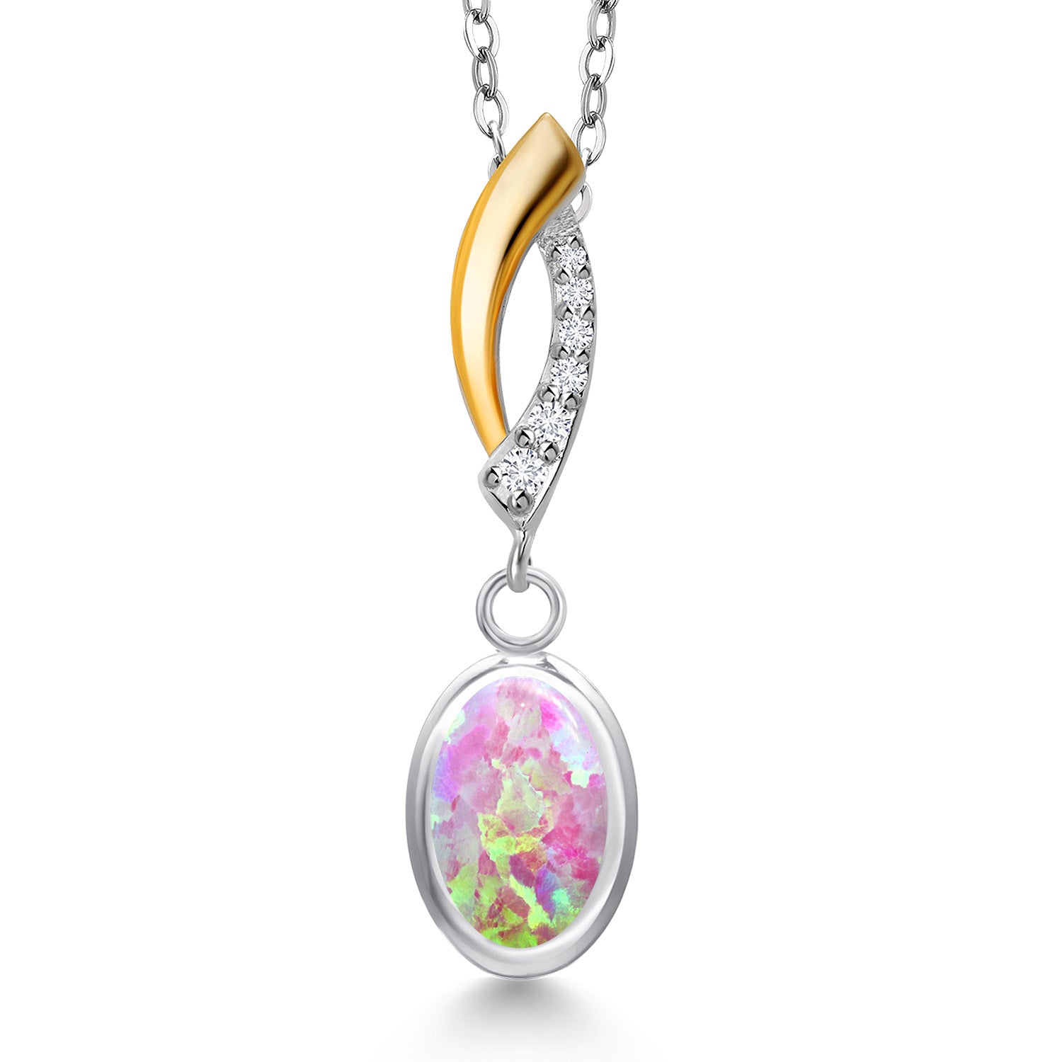 Pink Simulated Opal-Cabochon - October_Pendant in 925 Sterling Silver and 10K Yellow Gold