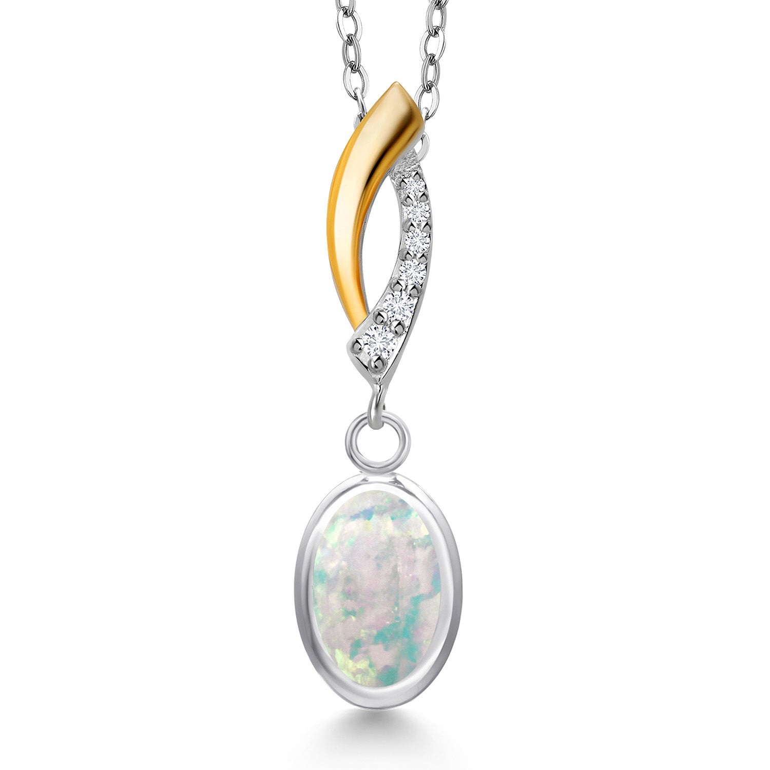 White Simulated Opal-Cabochon - October_Pendant in 925 Sterling Silver and 10K Yellow Gold