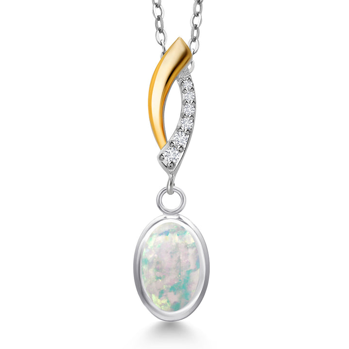 White Simulated Opal-Cabochon - October_Pendant in 925 Sterling Silver and 10K Yellow Gold