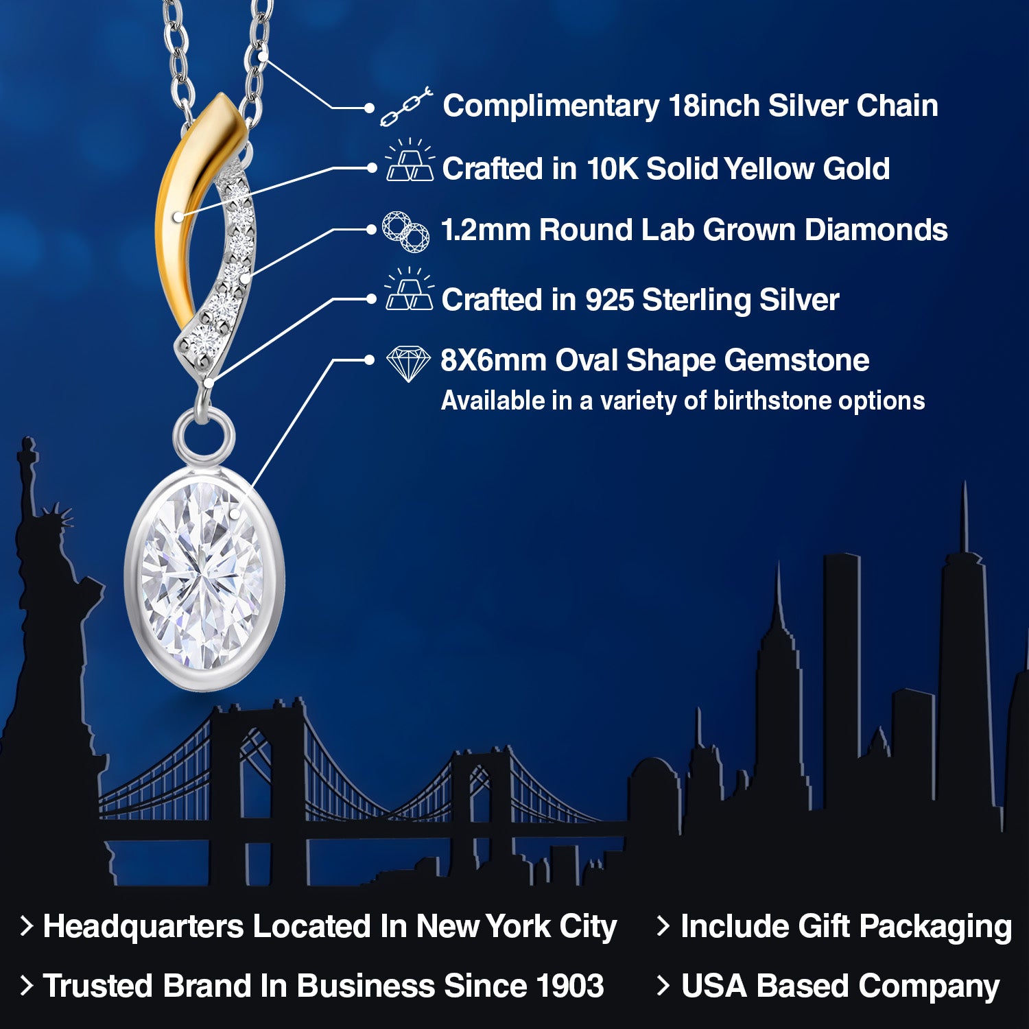 Moissanite and Lab Grown Diamond_Pendant in 925 Sterling Silver and 10K Yellow Gold