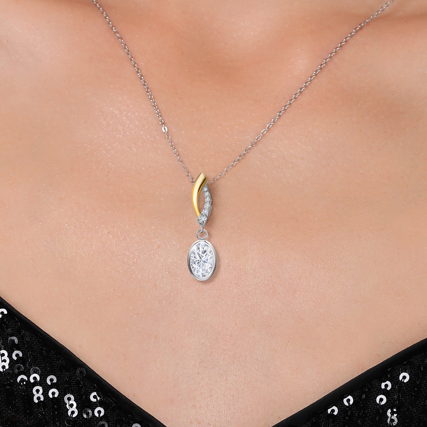 Moissanite and Lab Grown Diamond_Pendant in 925 Sterling Silver and 10K Yellow Gold