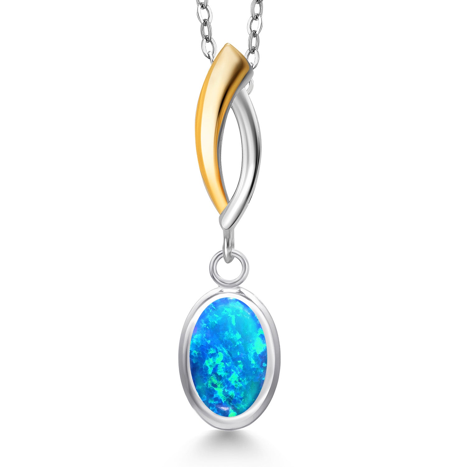 Blue Simulated Opal-Cabochon - October_Pendant in 925 Sterling Silver and 10K Yellow Gold