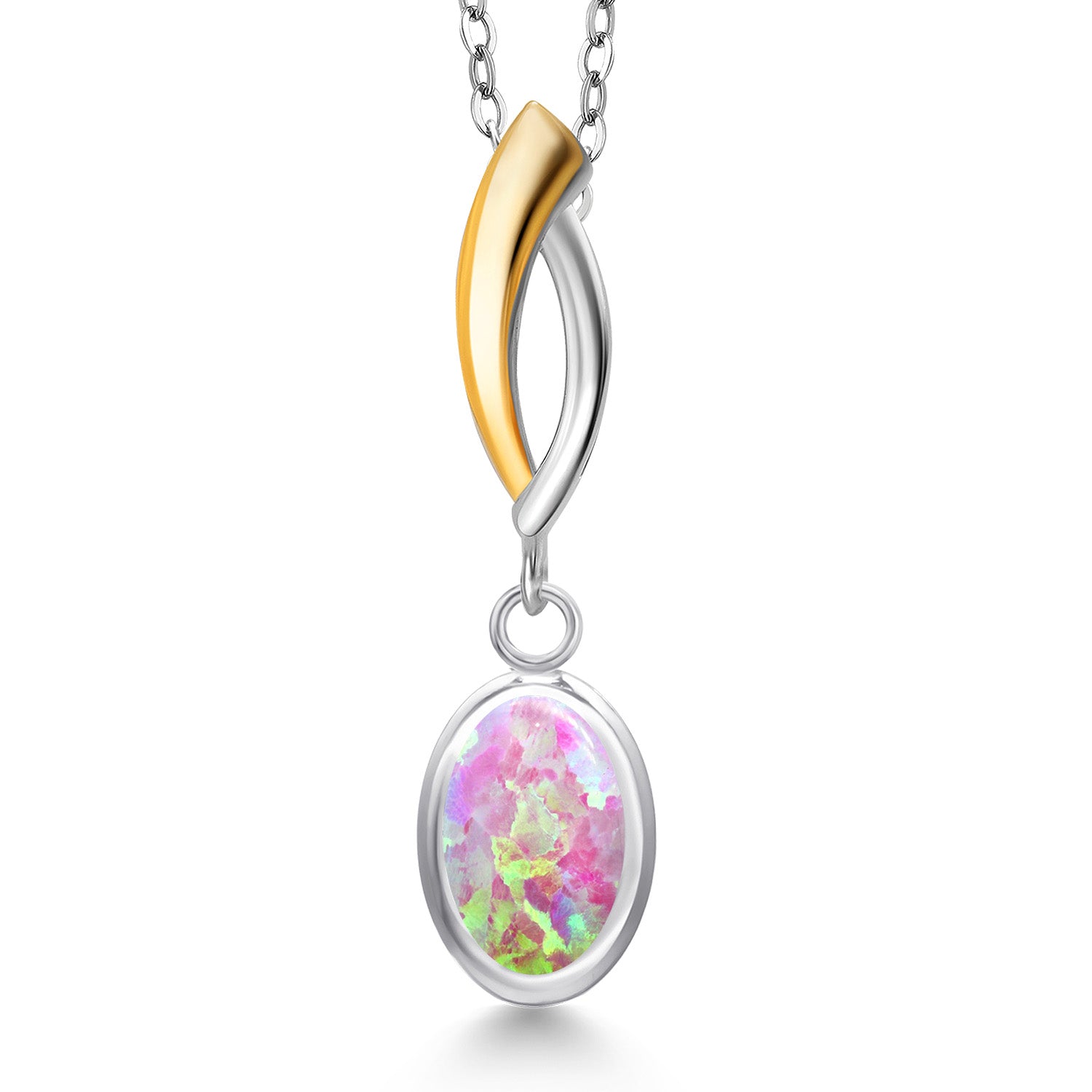 Pink Simulated Opal-Cabochon - October_Pendant in 925 Sterling Silver and 10K Yellow Gold