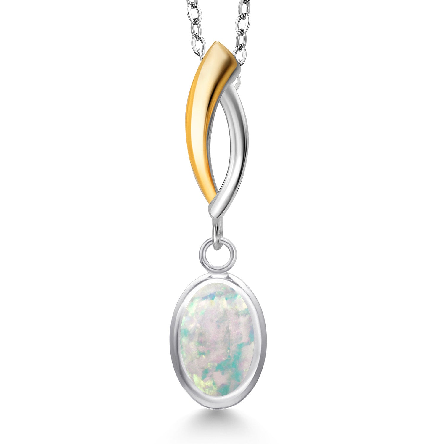 White Simulated Opal-Cabochon - October_Pendant in 925 Sterling Silver and 10K Yellow Gold