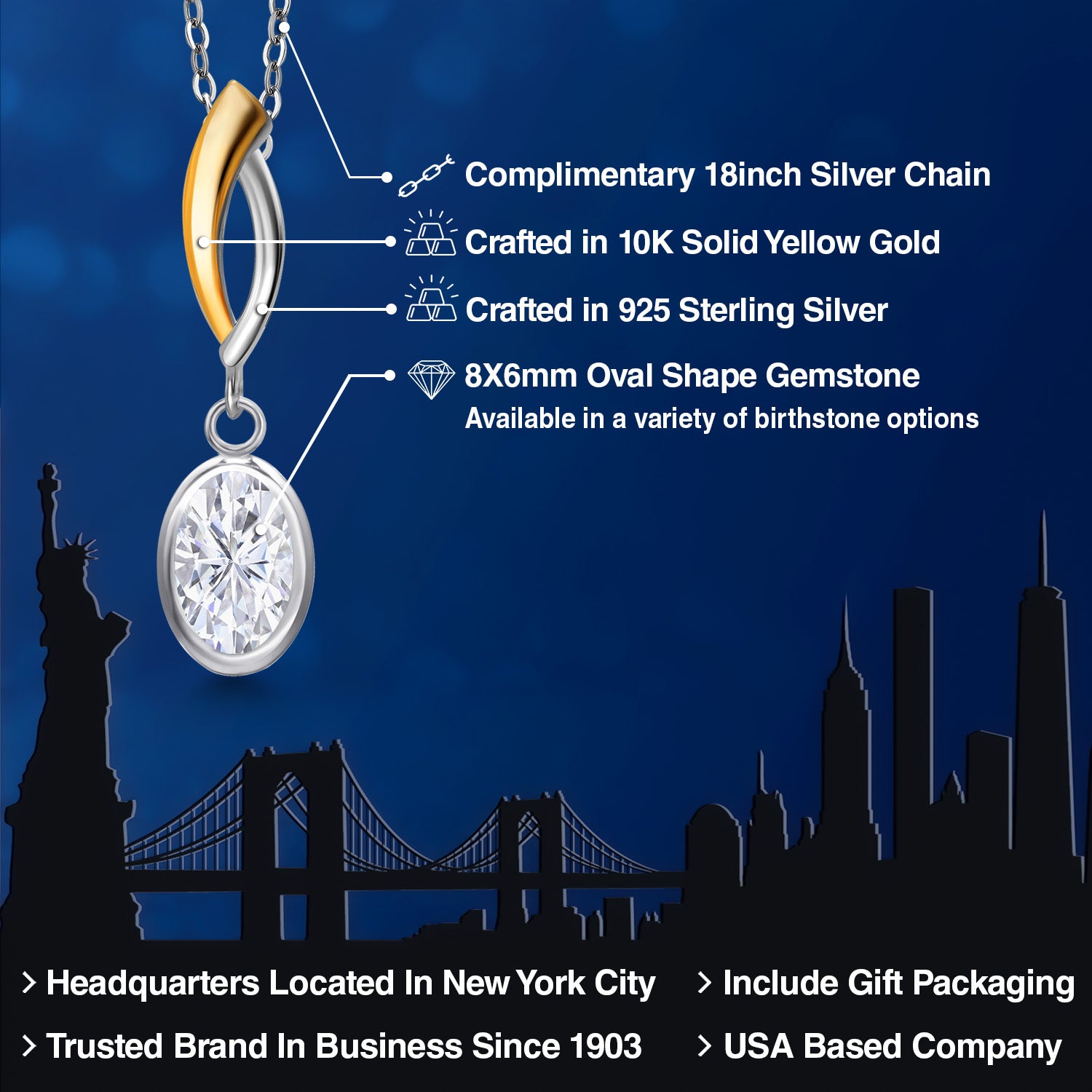 Moissanite_Pendant in 925 Sterling Silver and 10K Yellow Gold