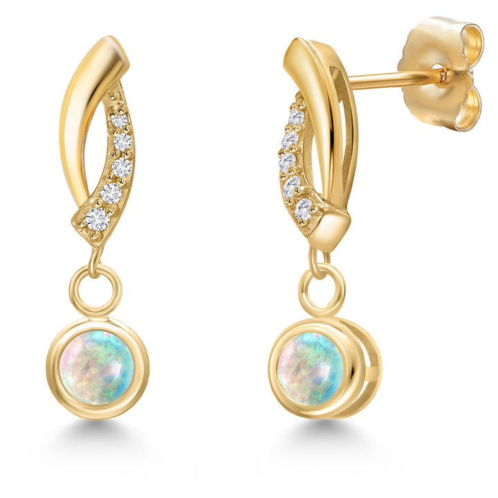 White Simulated Opal-Cabochon - October_Earrings in 14K Yellow Gold
