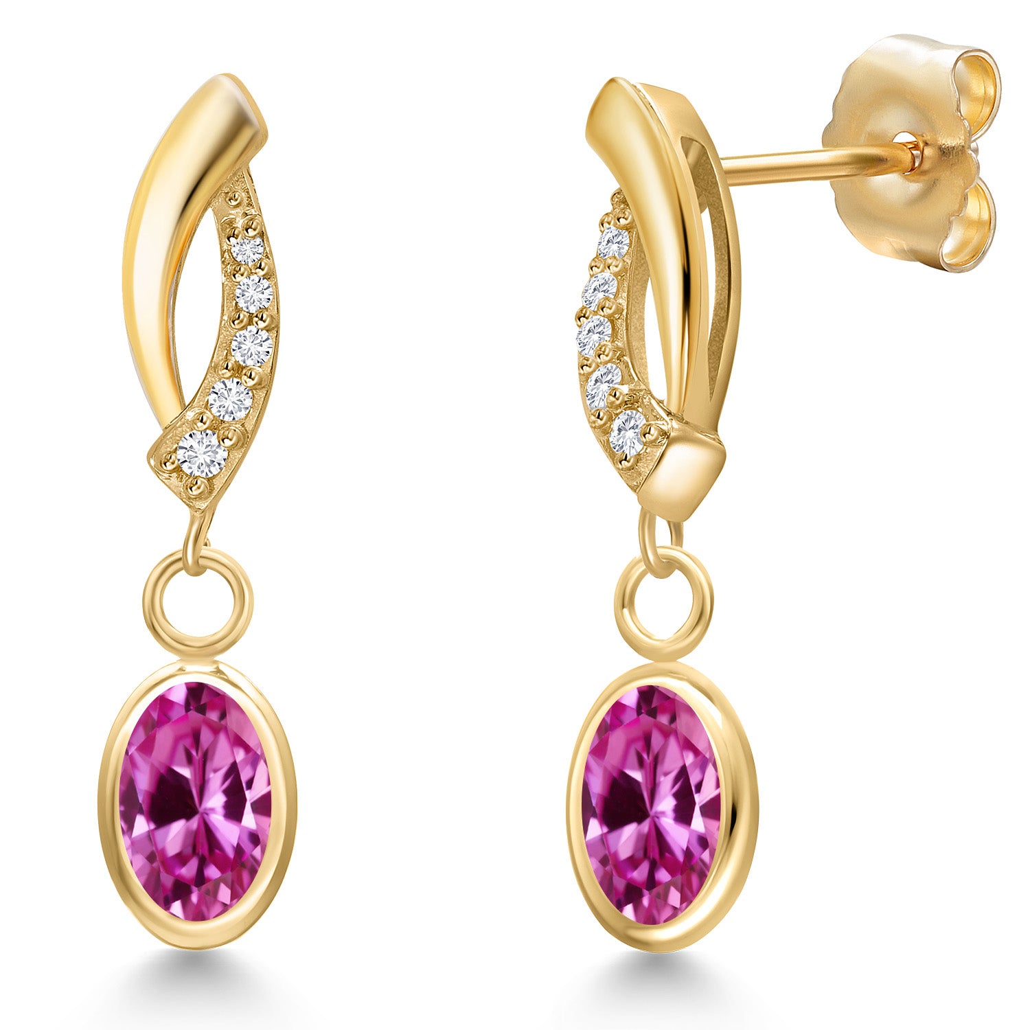 Pink Created Sapphire - September_Earrings in 14K Yellow Gold